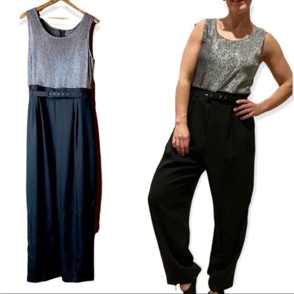 Vintage 80s sleeveless black wide leg metallic ailver jumpsuit size 4 - Picture 1 of 12
